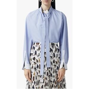 NWT Burberry Yolanda Shirt Size 6 Light Blue Cotton Poplin Tie-Neck Blouse $720